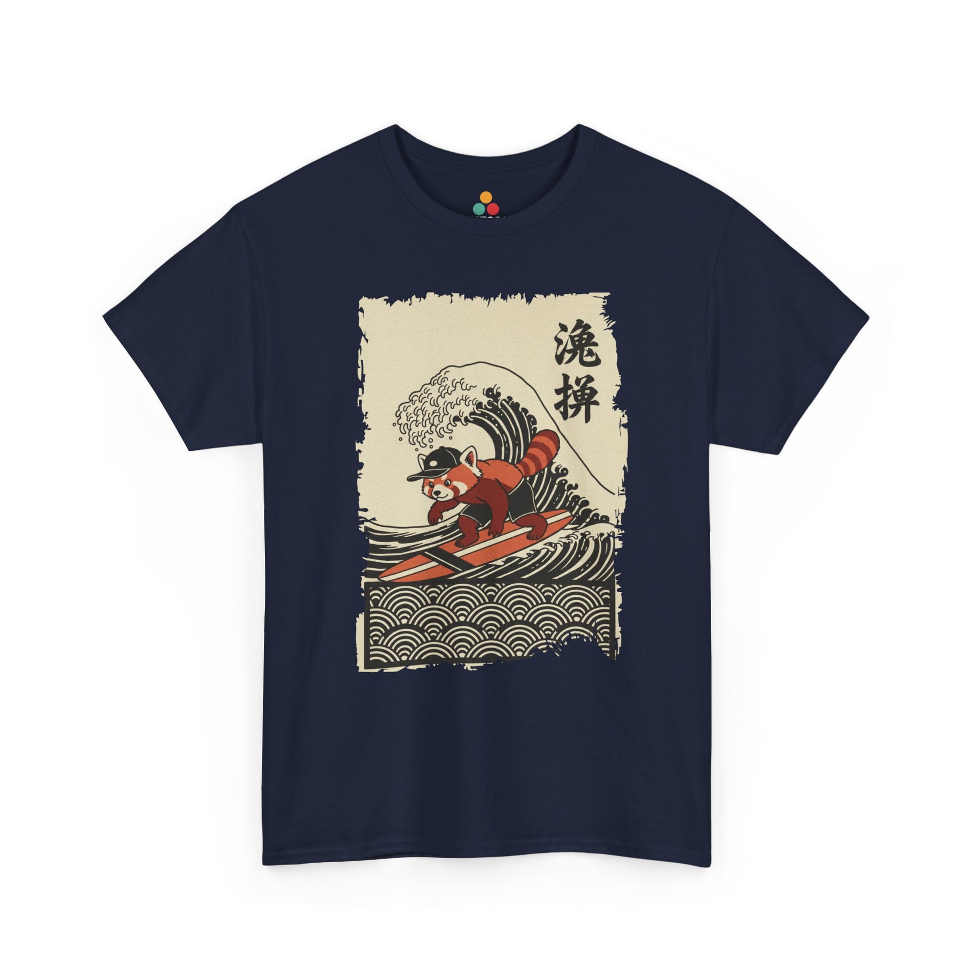 Surfing Red Panda graphic Navy Blue  tee shirt featuring a cute red panda surfing on a Japanese wave.​

