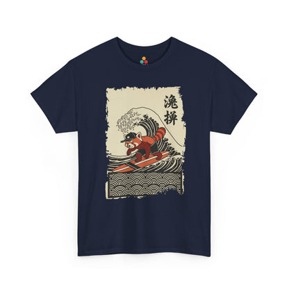 Surfing Red Panda graphic Navy Blue  tee shirt featuring a cute red panda surfing on a Japanese wave.​

