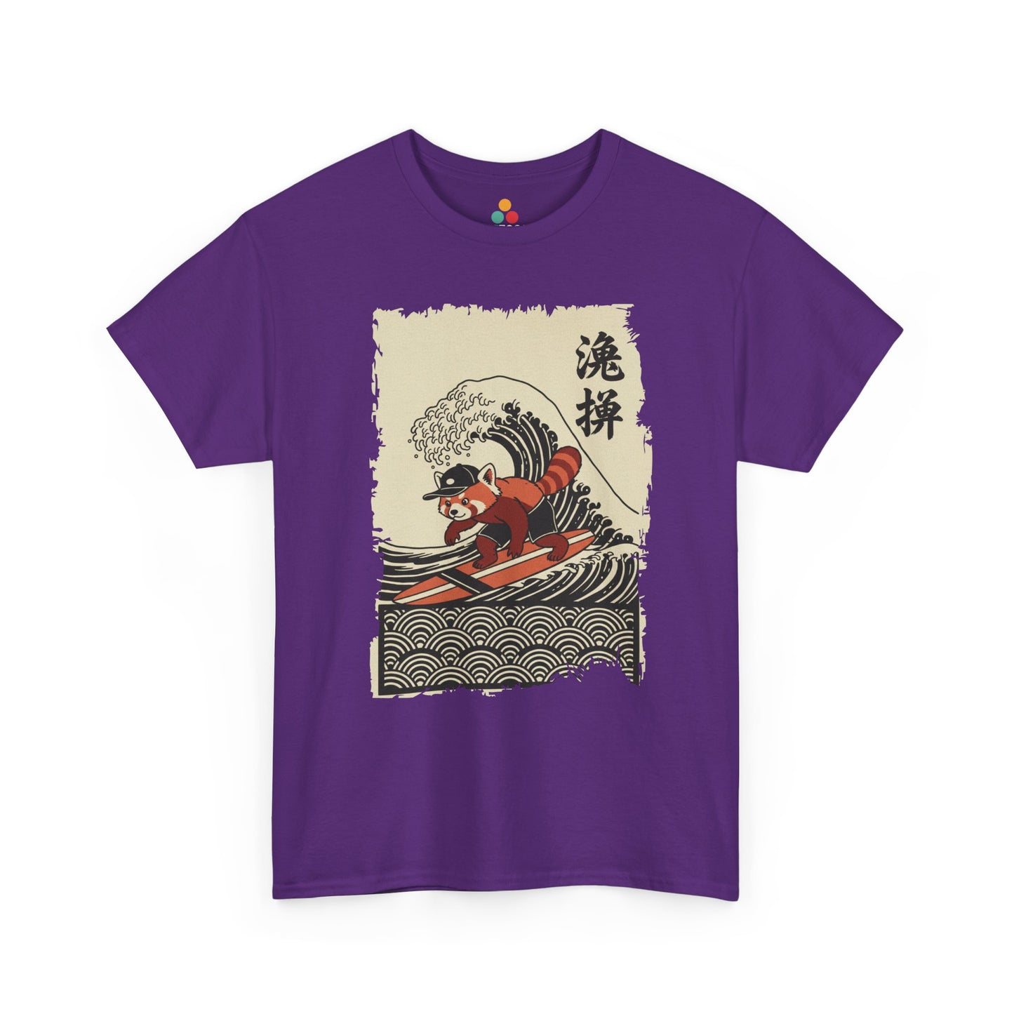 Surfing Red Panda graphic Purple  tee shirt featuring a cute red panda surfing on a Japanese wave.​

