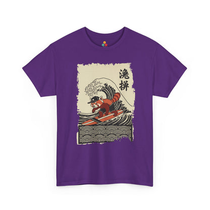 Surfing Red Panda graphic Purple  tee shirt featuring a cute red panda surfing on a Japanese wave.​

