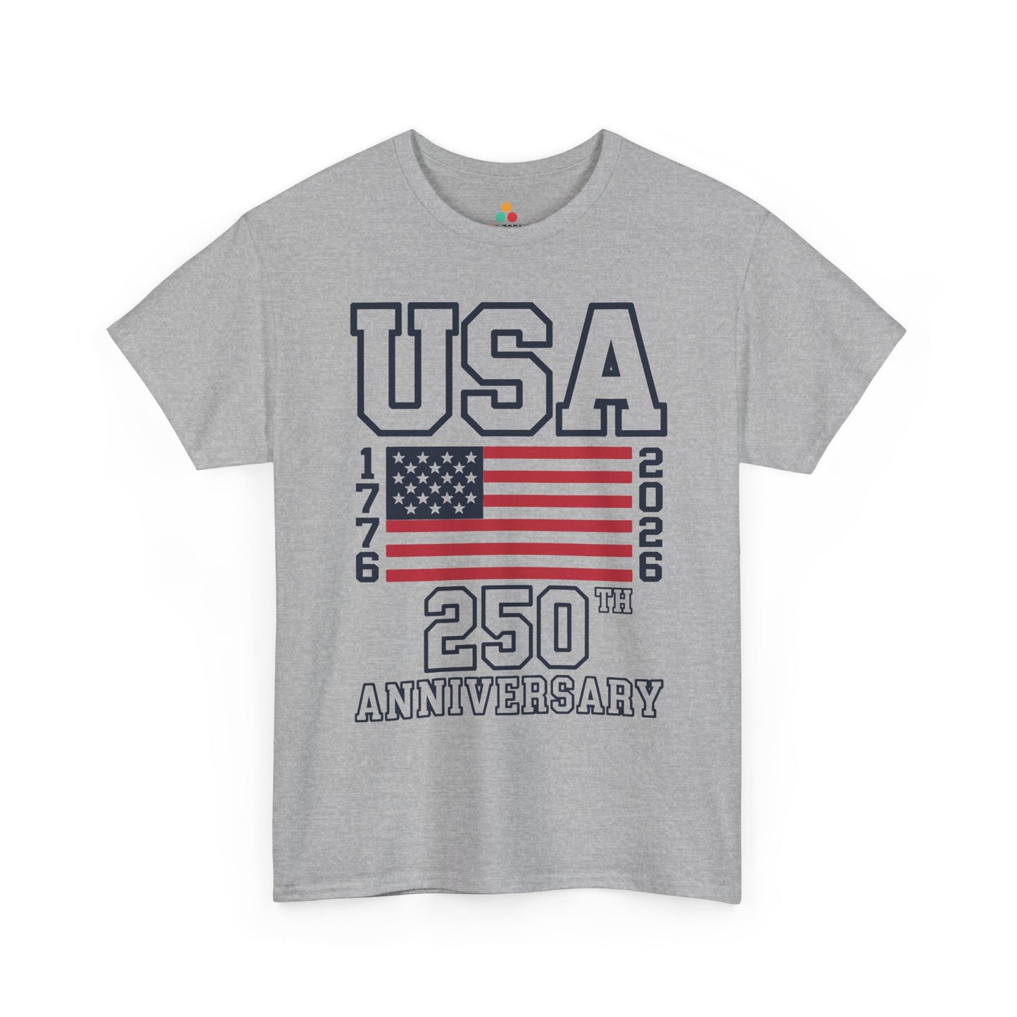 TEEZOCA 1776 2026 Shirt t-shirt showing a United States 250th Anniversary flag graphic with bold navy outlines.
