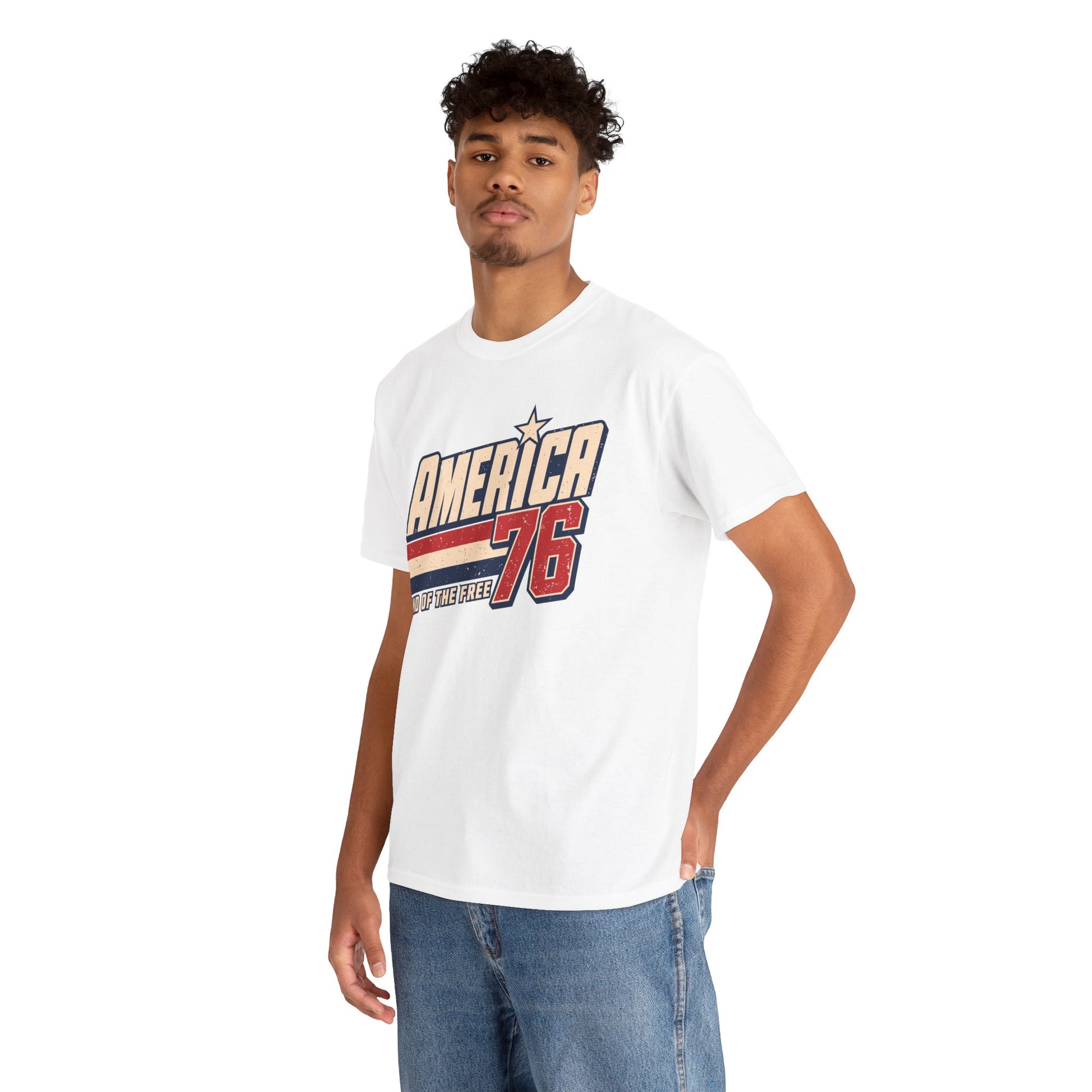 TEEZOCA 1776 shirt T-shirt featuring bold America 76 varsity graphics, cream lettering, red number design, and vintage patriotic texture.
