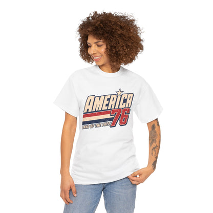 TEEZOCA 1776 shirt T-shirt with retro America 76 jersey lettering, Land of the Free text, star accent, and distressed red navy style.
