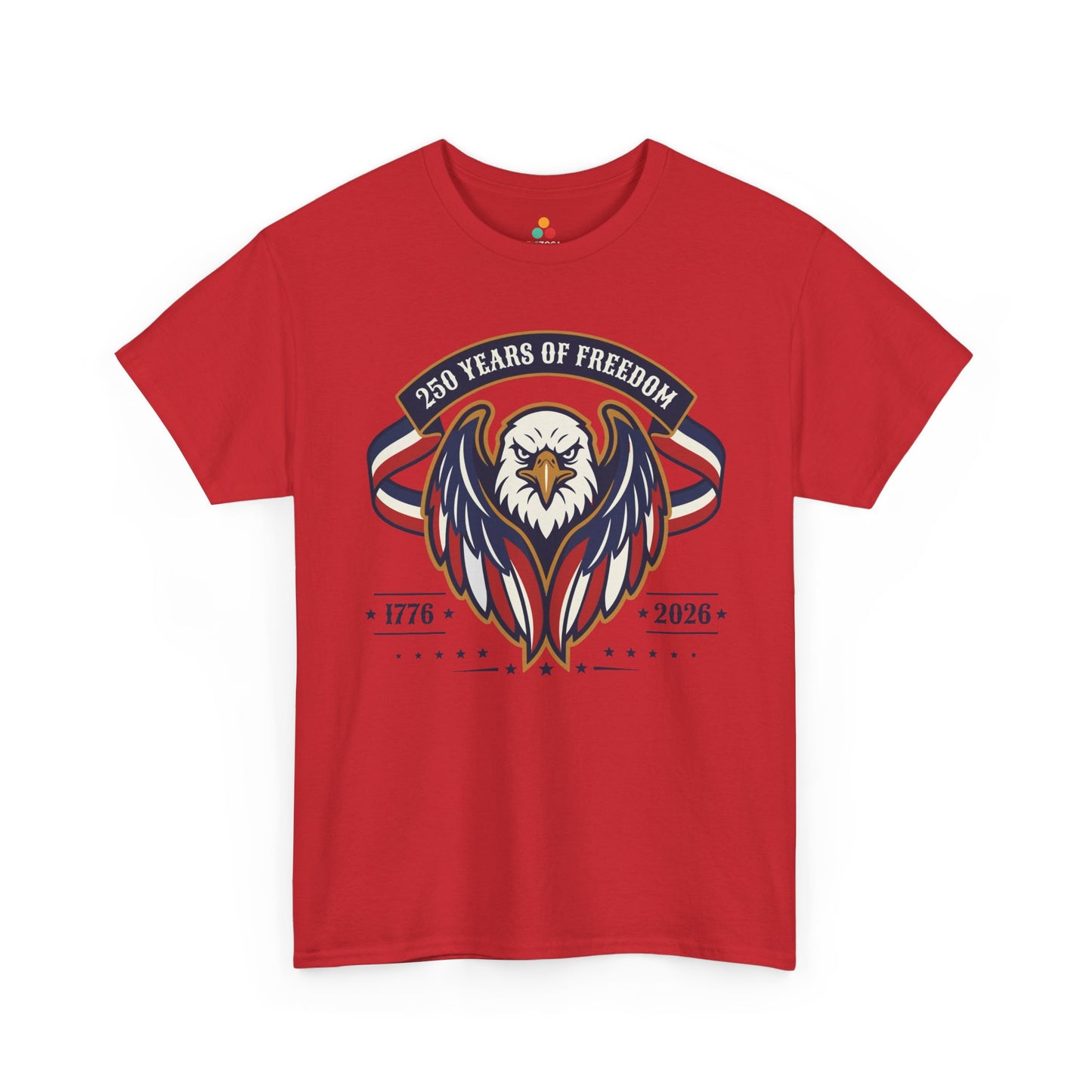 TEEZOCA 250 Years Patriotic Shirt t-shirt for buyers browsing 4th of July T Shirts, with a stern eagle and flag ribbon artwork.
