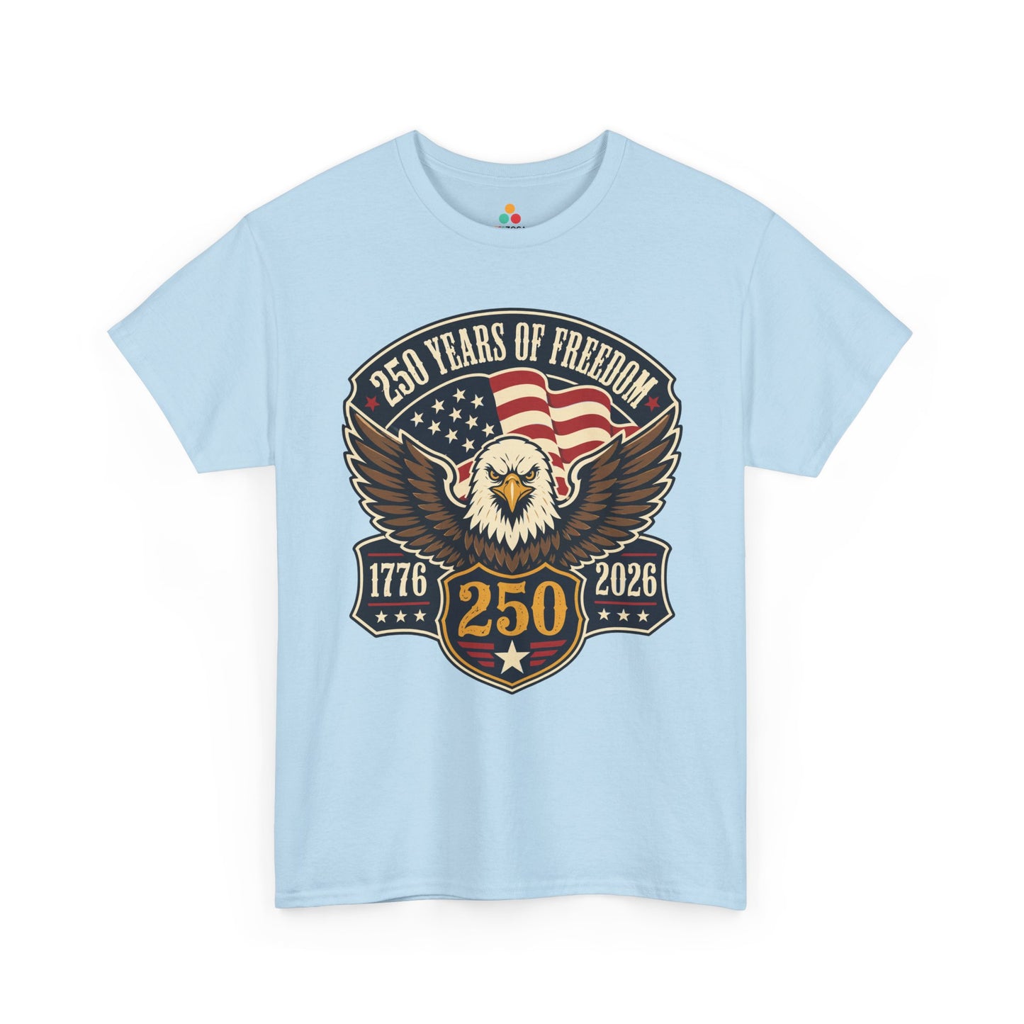 TEEZOCA 250 Years of Freedom Shirt t-shirt with a fierce eagle over the flag, styled for 4th of July T-shirts buyers.
