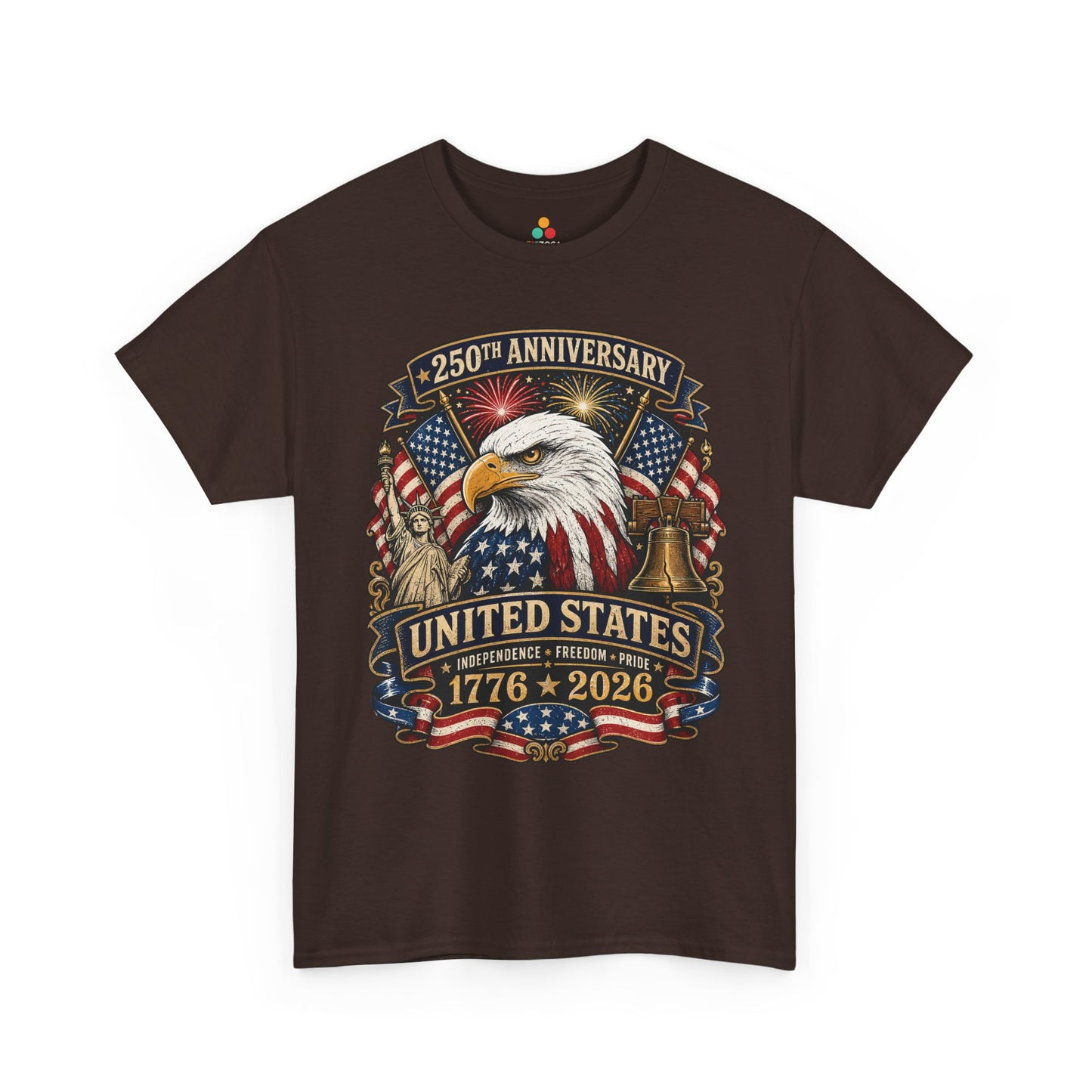 TEEZOCA 250th anniversary shirt T-shirt featuring 1776 2026 gold lettering, eagle portrait, and Independence Freedom Pride banner.
