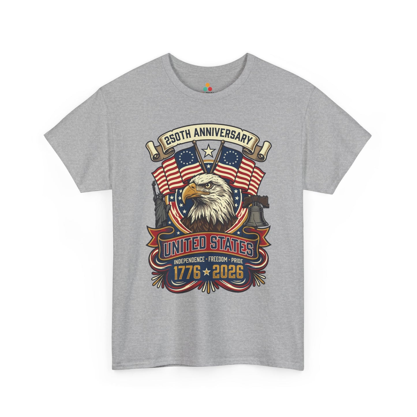 TEEZOCA 250th anniversary shirt T-shirt featuring a patriotic eagle, 13-star Betsy Ross flag details, and Independence Freedom Pride banner.
