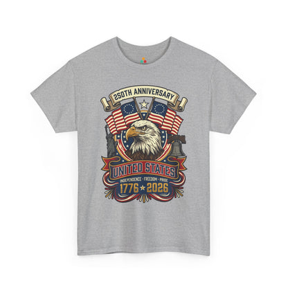 TEEZOCA 250th anniversary shirt T-shirt featuring a patriotic eagle, 13-star Betsy Ross flag details, and Independence Freedom Pride banner.
