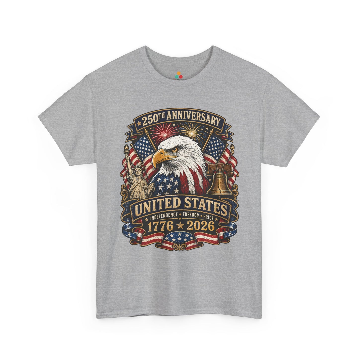 TEEZOCA 250th anniversary shirt T-shirt with bald eagle, American flags, fireworks, Statue of Liberty, and Liberty Bell artwork.
