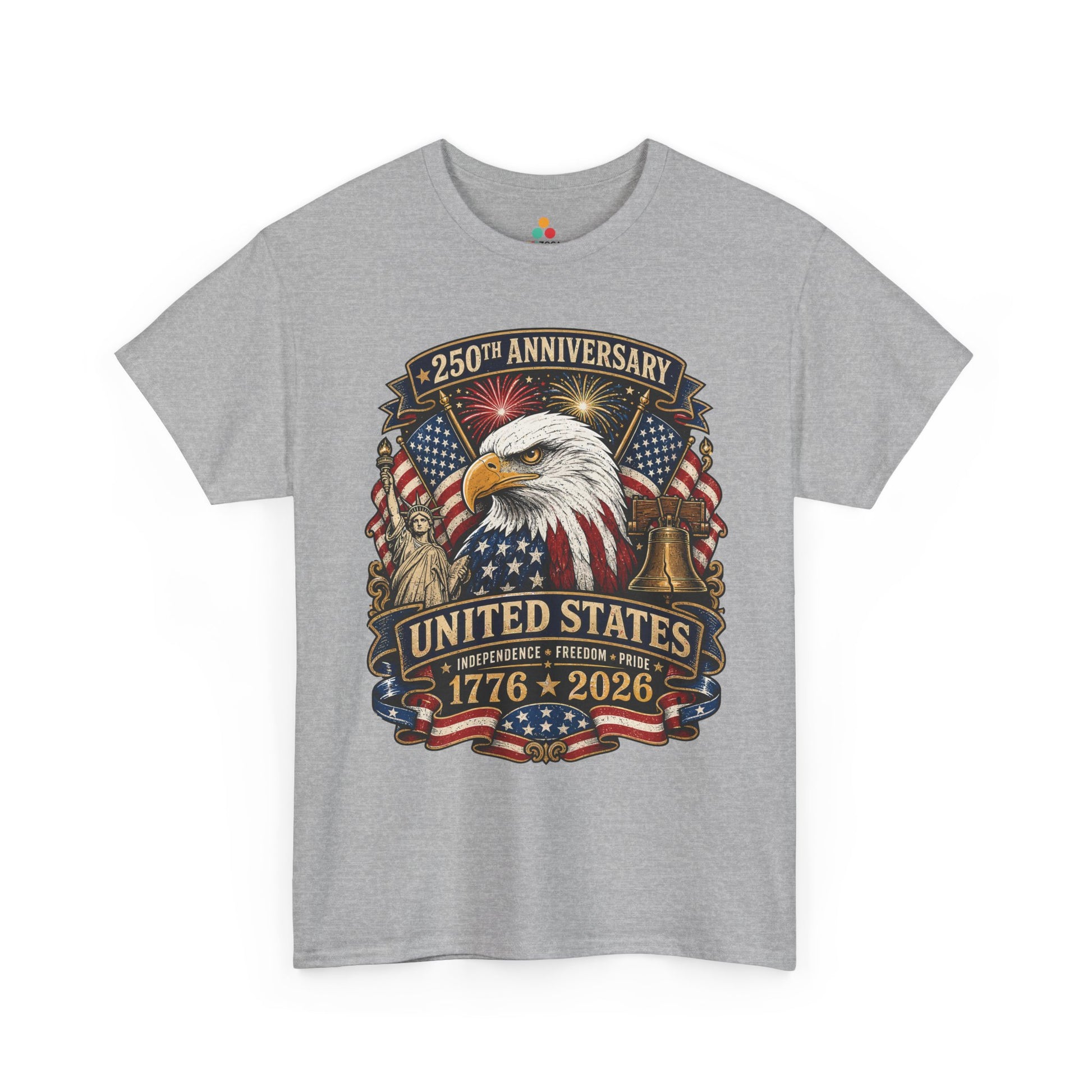 TEEZOCA 250th anniversary shirt T-shirt with bald eagle, American flags, fireworks, Statue of Liberty, and Liberty Bell artwork.
