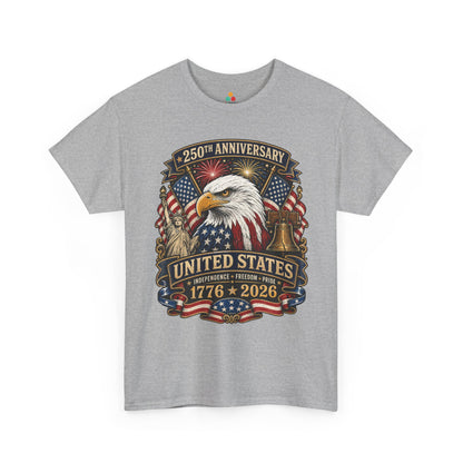 TEEZOCA 250th anniversary shirt T-shirt with bald eagle, American flags, fireworks, Statue of Liberty, and Liberty Bell artwork.
