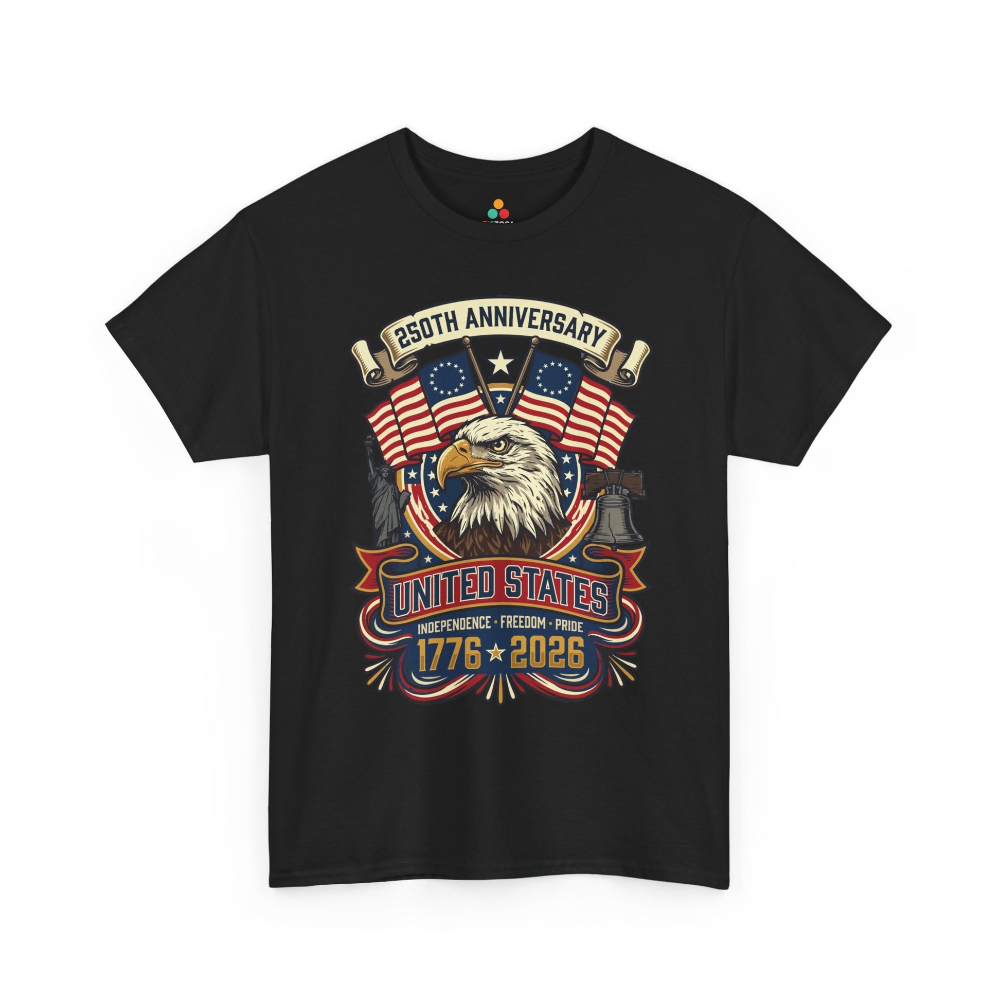 TEEZOCA 250th anniversary shirt T-shirt with bald eagle, crossed Betsy Ross flags, Statue of Liberty, Liberty Bell, and 1776 2026 text.
