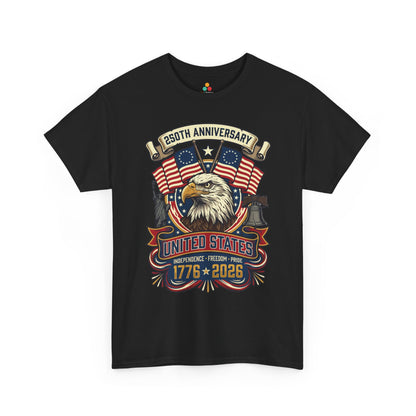 TEEZOCA 250th anniversary shirt T-shirt with bald eagle, crossed Betsy Ross flags, Statue of Liberty, Liberty Bell, and 1776 2026 text.
