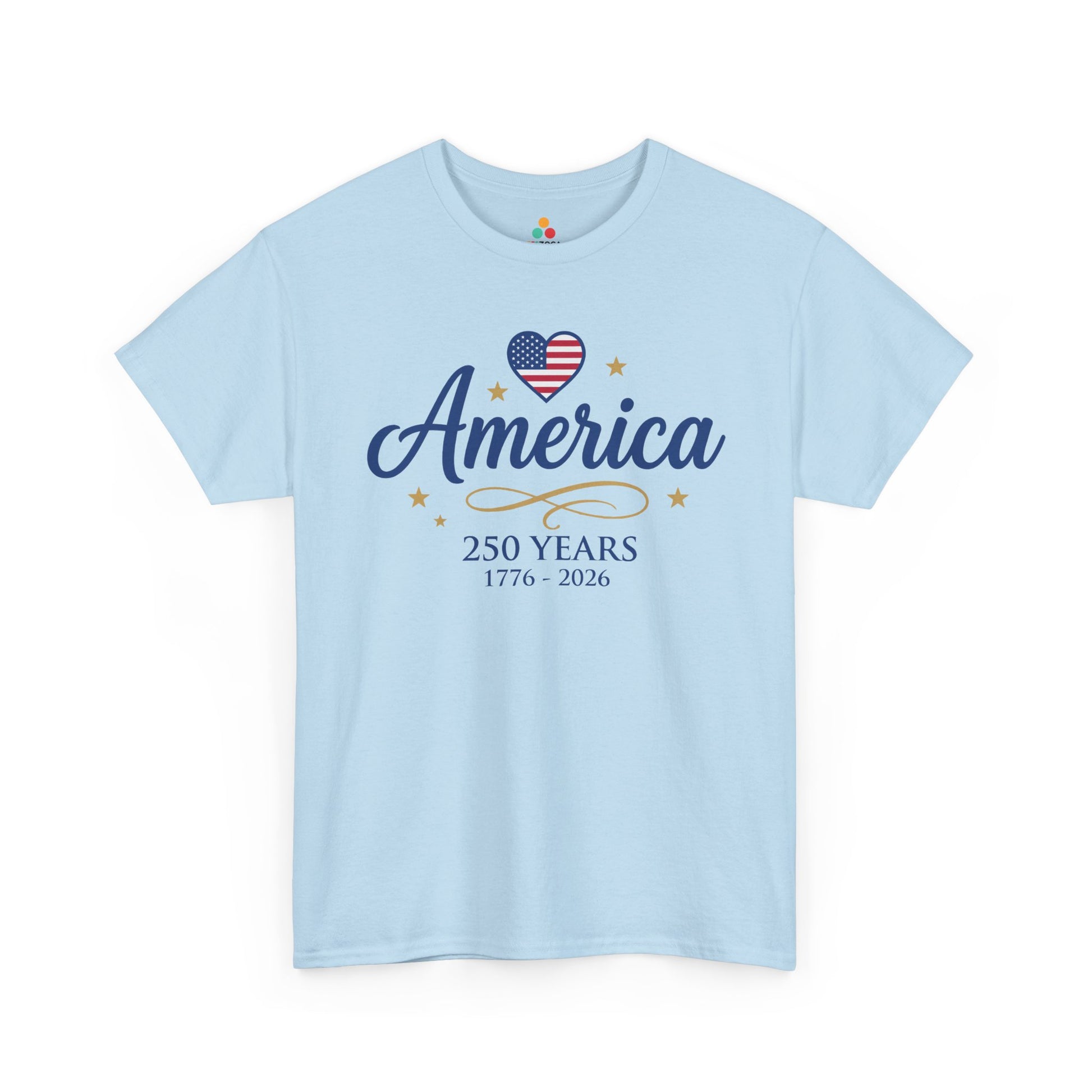 TEEZOCA 250th anniversary shirt t-shirt for women with love america shirt message, navy script, gold stars, and heart flag artwork.
