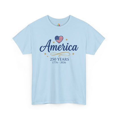TEEZOCA 250th anniversary shirt t-shirt for women with love america shirt message, navy script, gold stars, and heart flag artwork.
