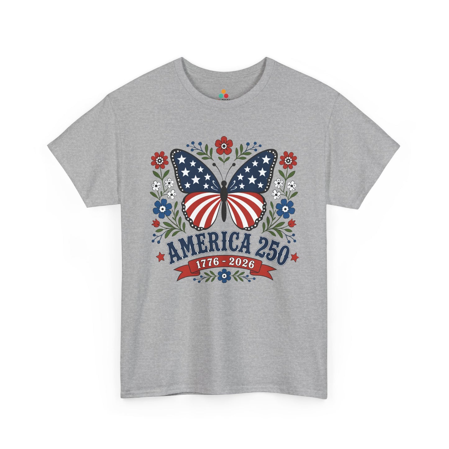 TEEZOCA 250th anniversary shirt women t-shirt with cottagecore patriotic shirt artwork, butterfly flag wings, and 1776 2026 text.
