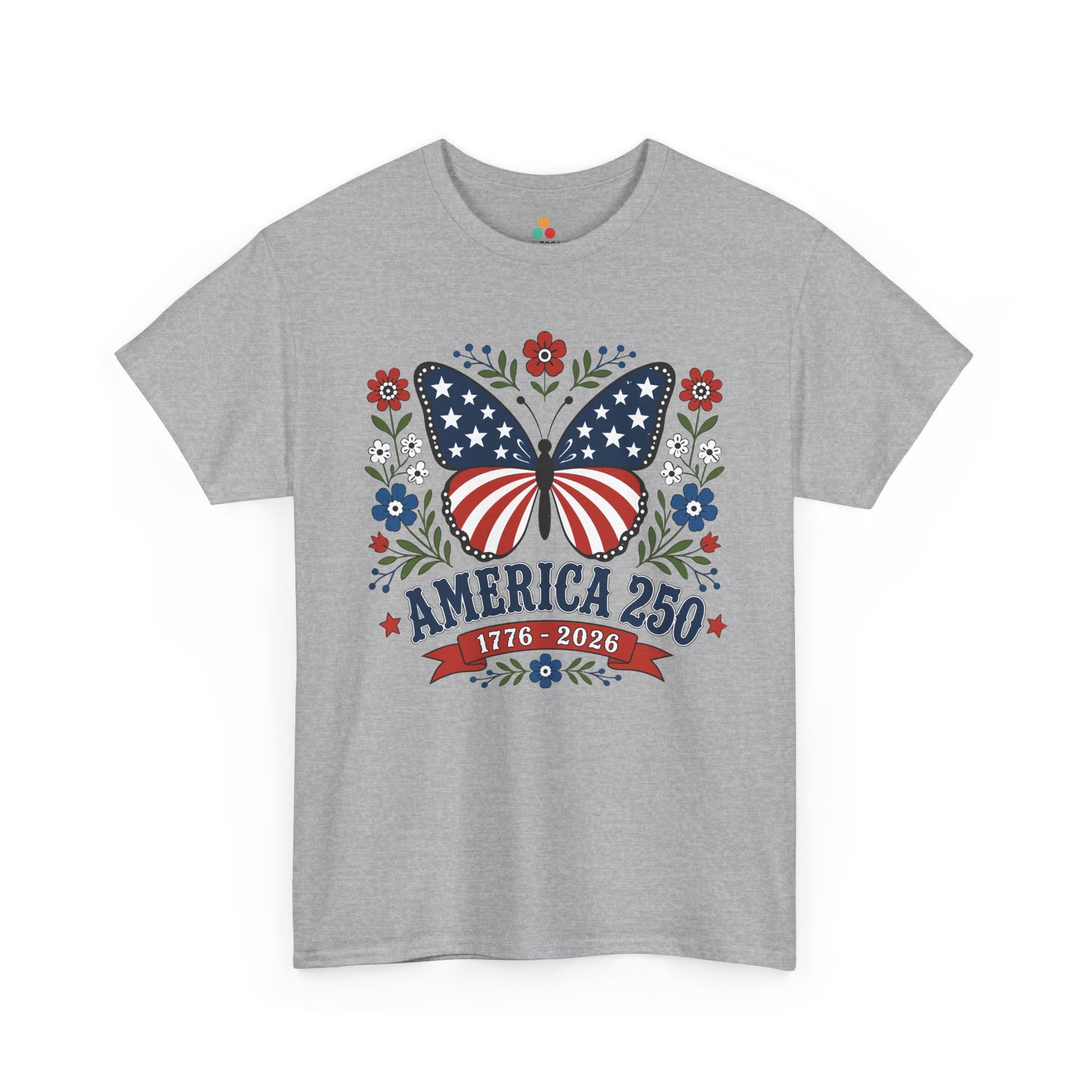 TEEZOCA 250th anniversary shirt women t-shirt with cottagecore patriotic shirt artwork, butterfly flag wings, and 1776 2026 text.

