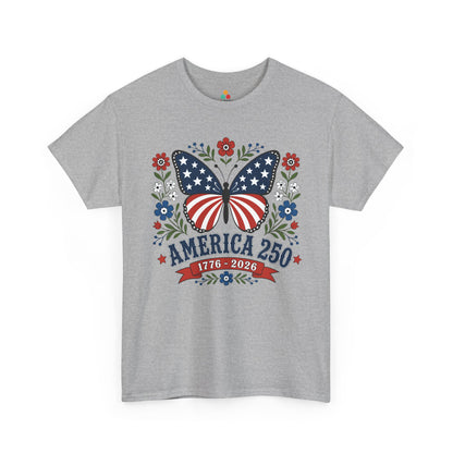 TEEZOCA 250th anniversary shirt women t-shirt with cottagecore patriotic shirt artwork, butterfly flag wings, and 1776 2026 text.

