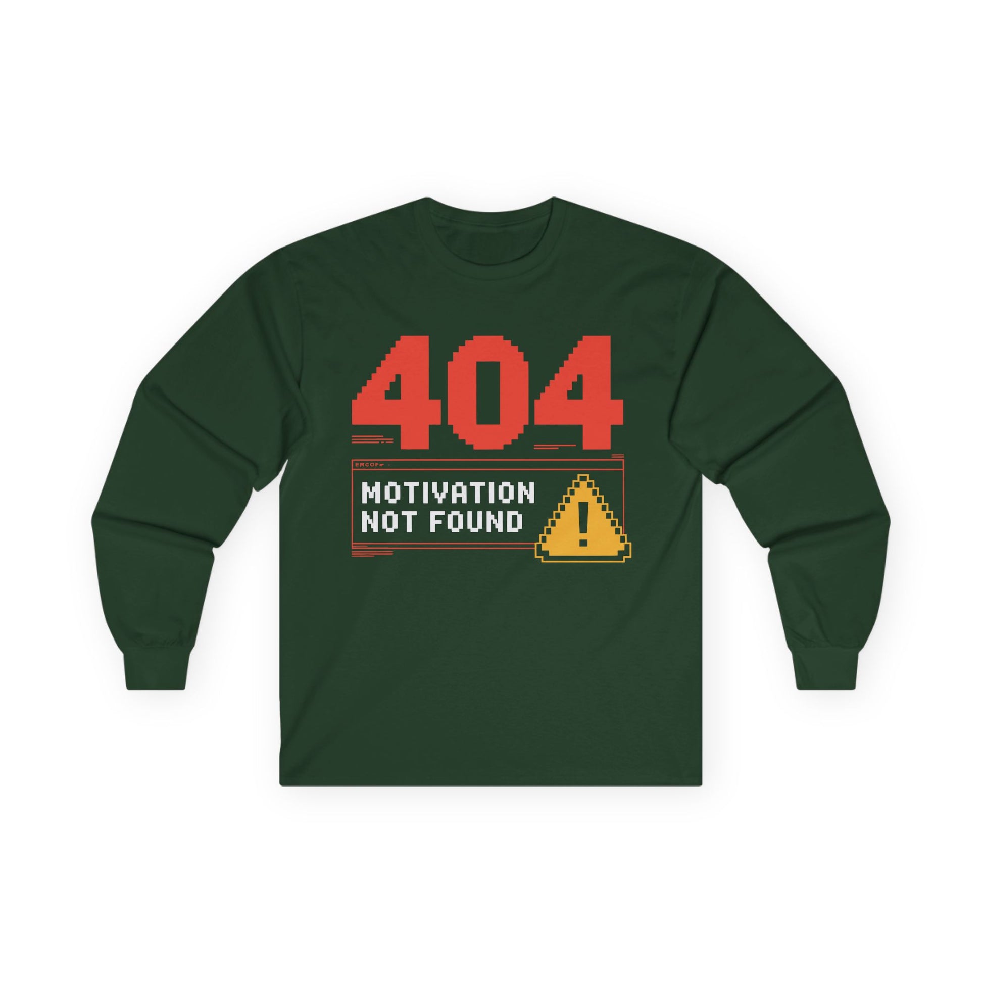 TEEZOCA 404 motivation not found unisex long-sleeve t-shirt Green long-sleeve shirt with 404 Motivation Not Found design on a white background