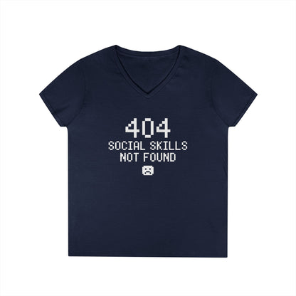 404 Social Skills Not Found Funny Pixel Quote V-Neck T-Shirt for Women | TEEZOCA 