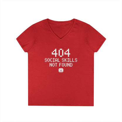 404 Social Skills Not Found Funny Pixel Quote V-Neck T-Shirt for Women | TEEZOCA 
