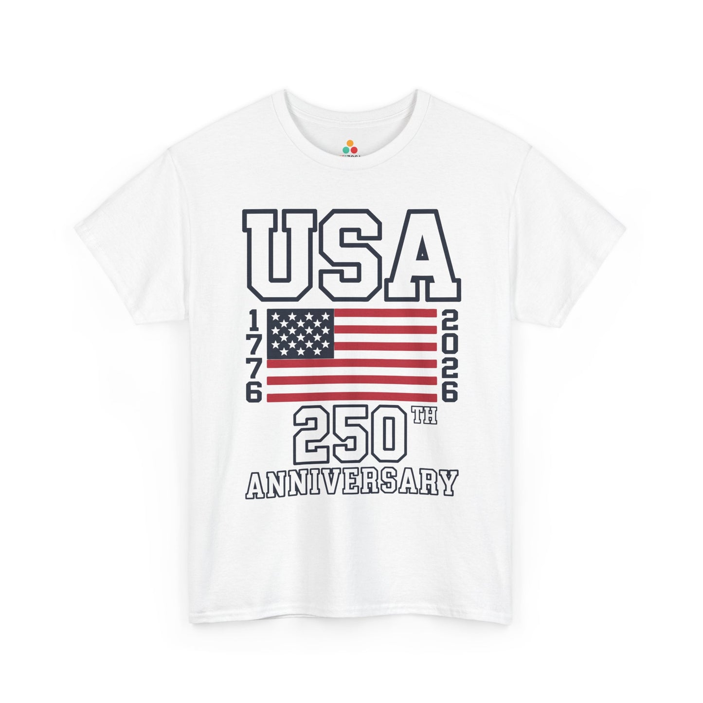 TEEZOCA 4th of July 2026 Shirt t-shirt with varsity USA letters, red flag stripes, white stars, and 250th Anniversary artwork.
