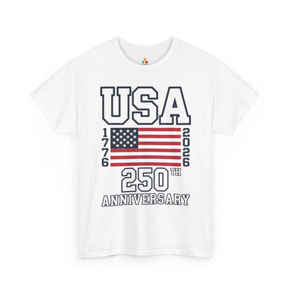 TEEZOCA 4th of July 2026 Shirt t-shirt with varsity USA letters, red flag stripes, white stars, and 250th Anniversary artwork.
