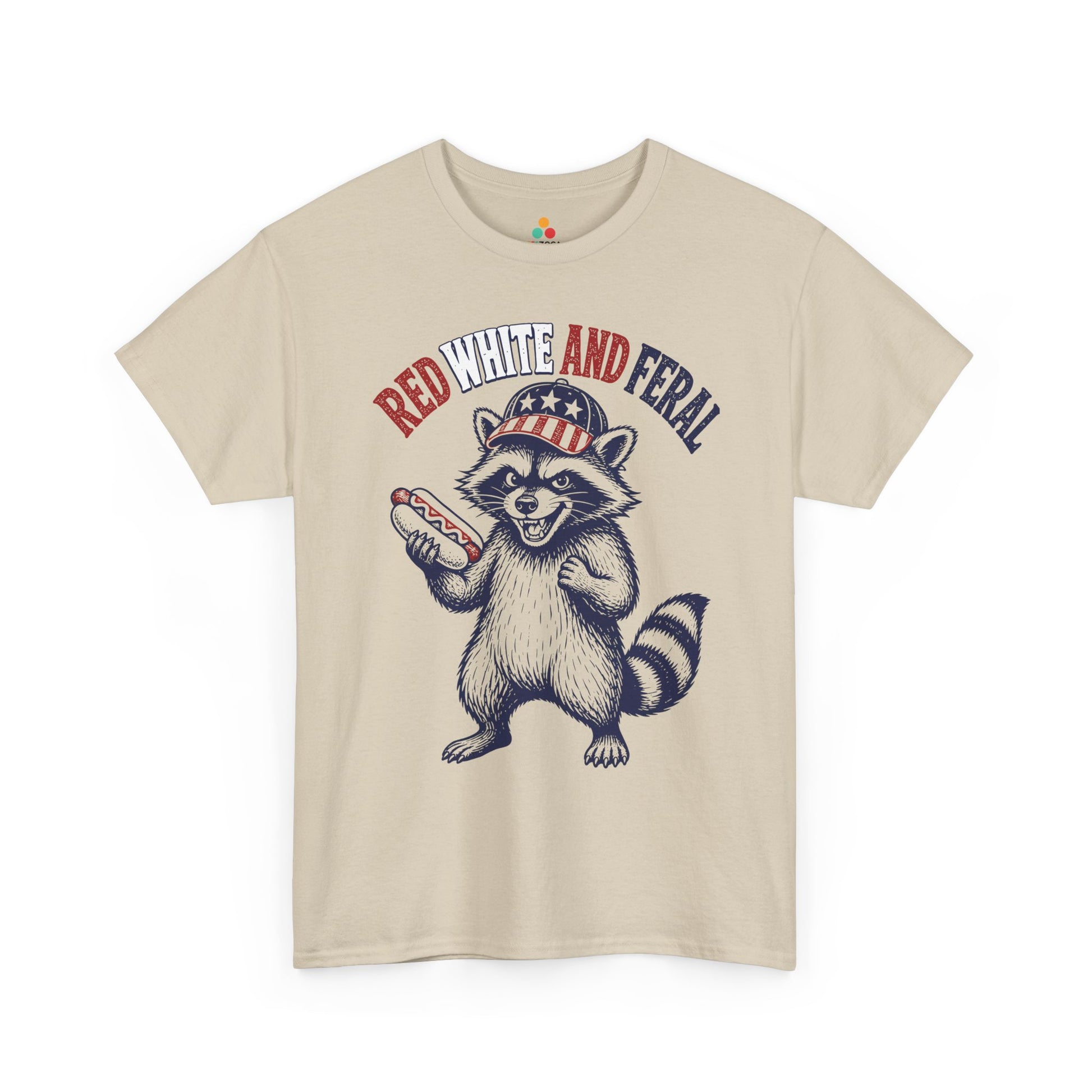TEEZOCA 4th of July Hot Dog Shirt t-shirt featuring patriotic red, white, and blue raccoon artwork.
