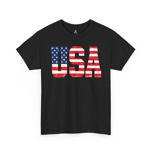 TEEZOCA 4th of July Shirt T-shirt featuring distressed USA block letters filled with an American flag design.
