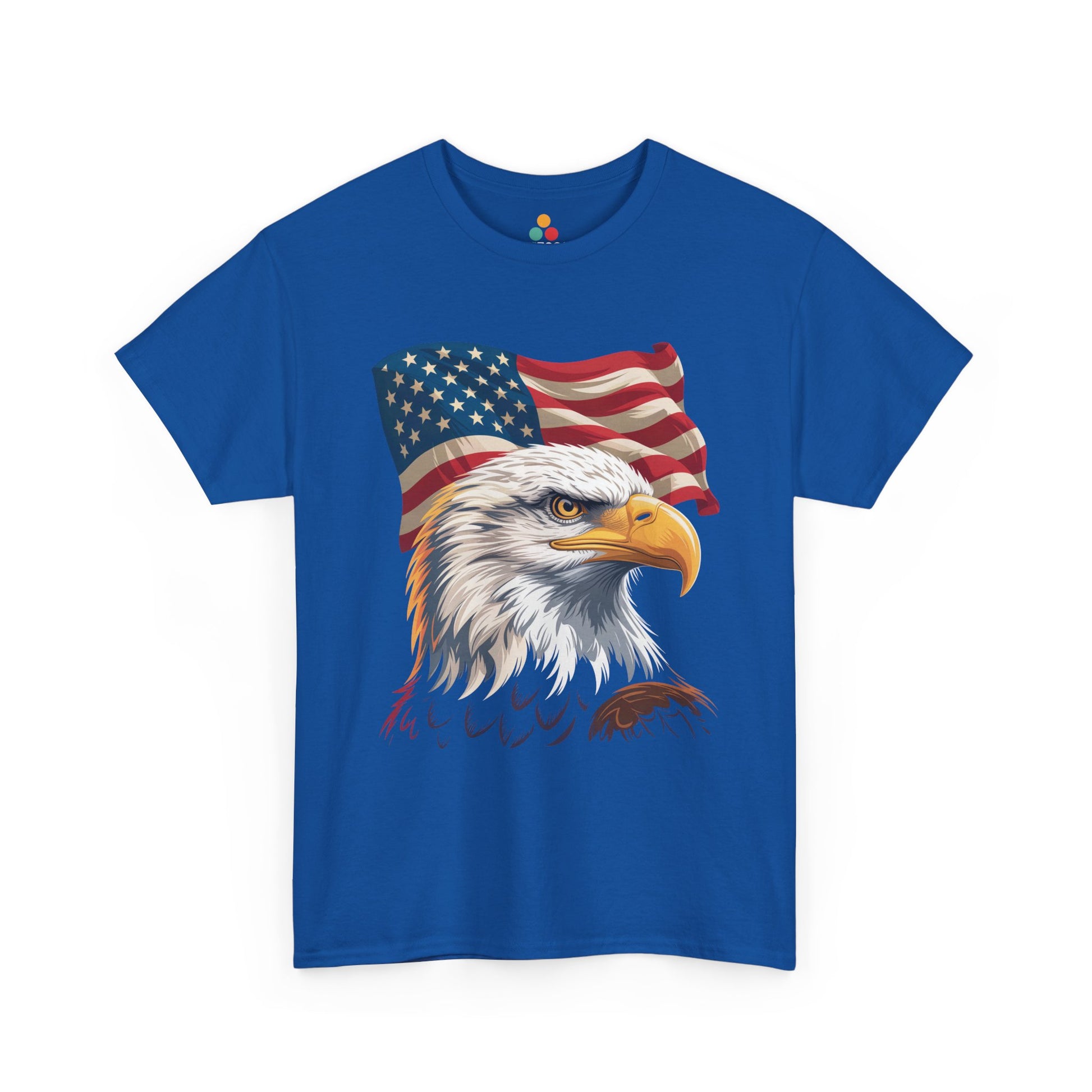TEEZOCA 4th of July Shirt t-shirt showing a fierce eagle head beneath a flowing American flag.
