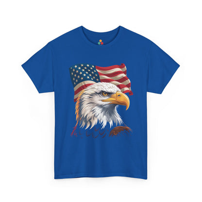 TEEZOCA 4th of July Shirt t-shirt showing a fierce eagle head beneath a flowing American flag.
