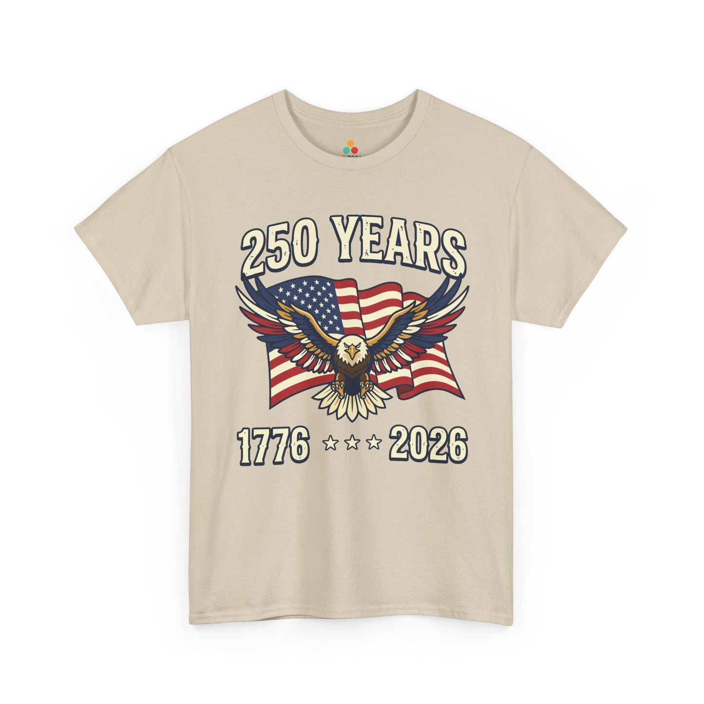 TEEZOCA 4th of July Shirt t-shirt with a Patriotic Eagle Shirt design, flag backdrop, and America 250 anniversary message.
