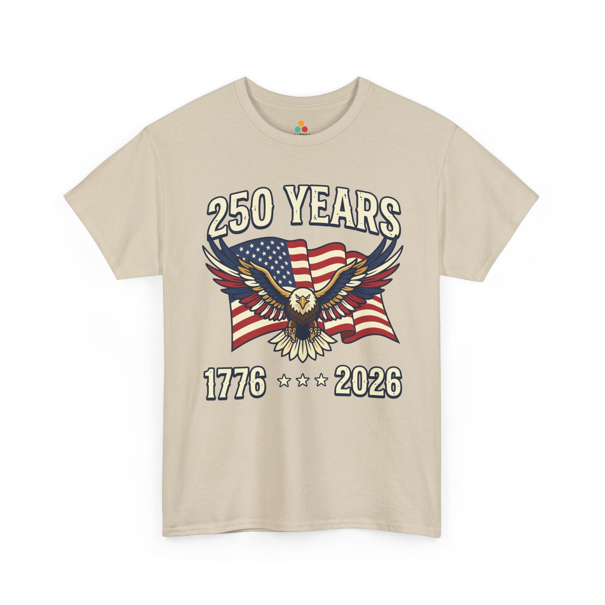 TEEZOCA 4th of July Shirt t-shirt with a Patriotic Eagle Shirt design, flag backdrop, and America 250 anniversary message.
