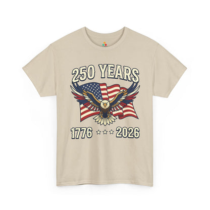 TEEZOCA 4th of July Shirt t-shirt with a Patriotic Eagle Shirt design, flag backdrop, and America 250 anniversary message.
