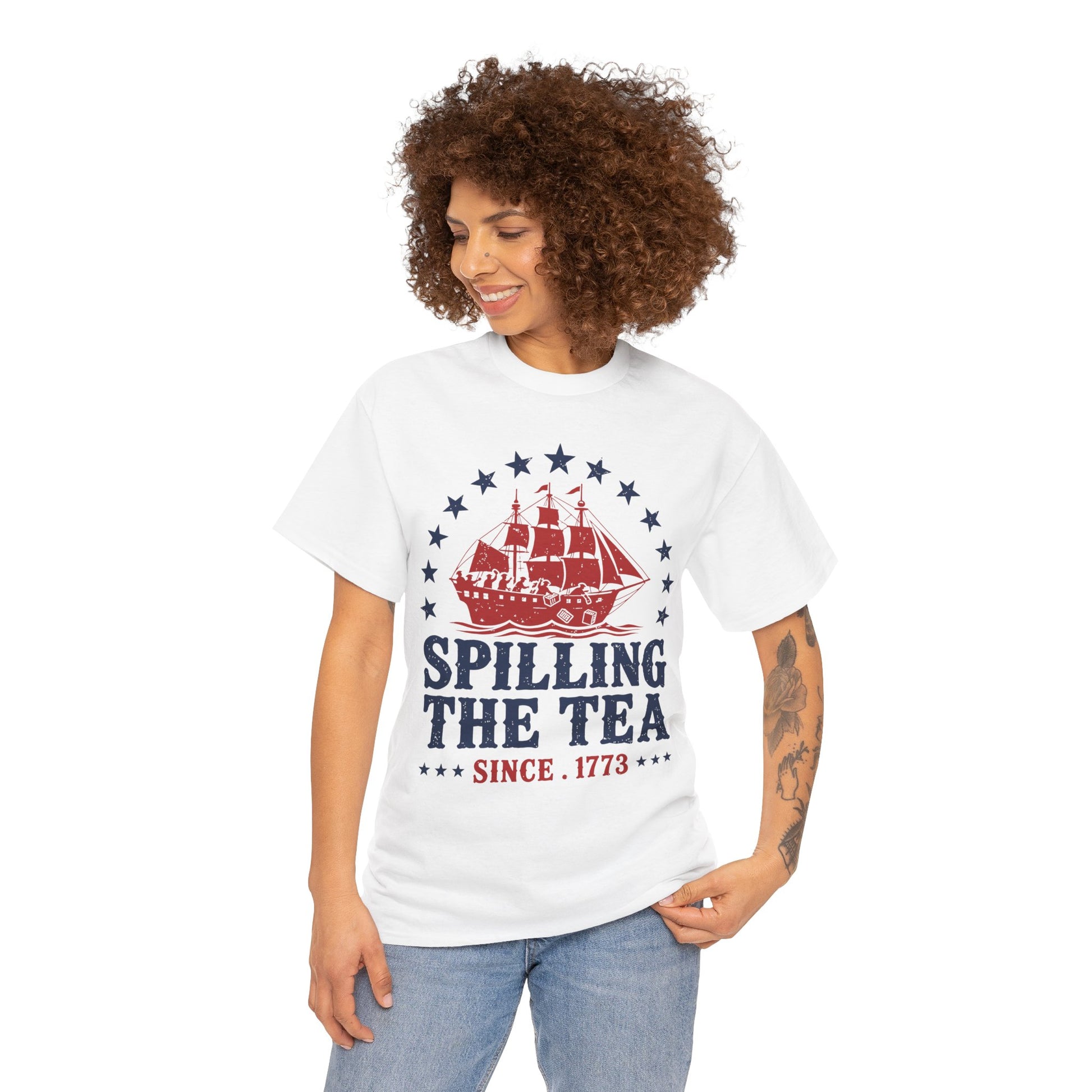 TEEZOCA 4th of July T-shirt featuring a distressed tea party ship, crates overboard, and bold patriotic red and navy typography.
