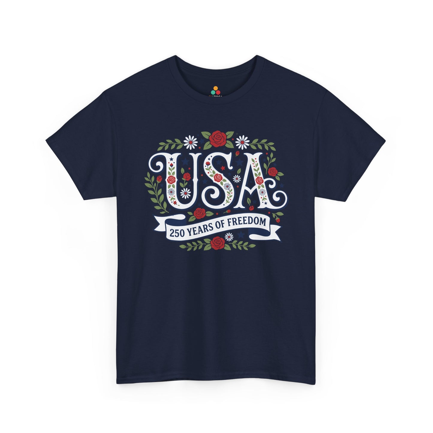 TEEZOCA 4th of July T-shirt for women featuring botanical USA lettering and a soft red, white, and blue design.
