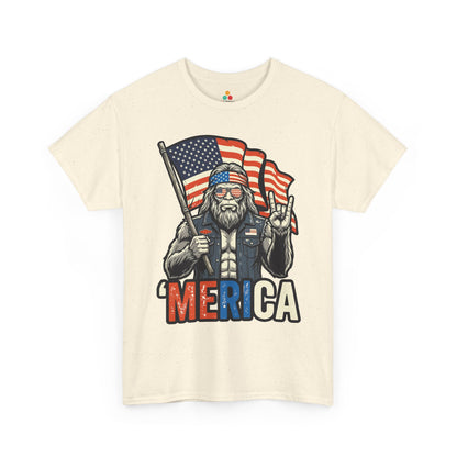 TEEZOCA 4th of July T-shirt showing Bigfoot holding an American flag with Merica lettering and rugged patriotic style.
