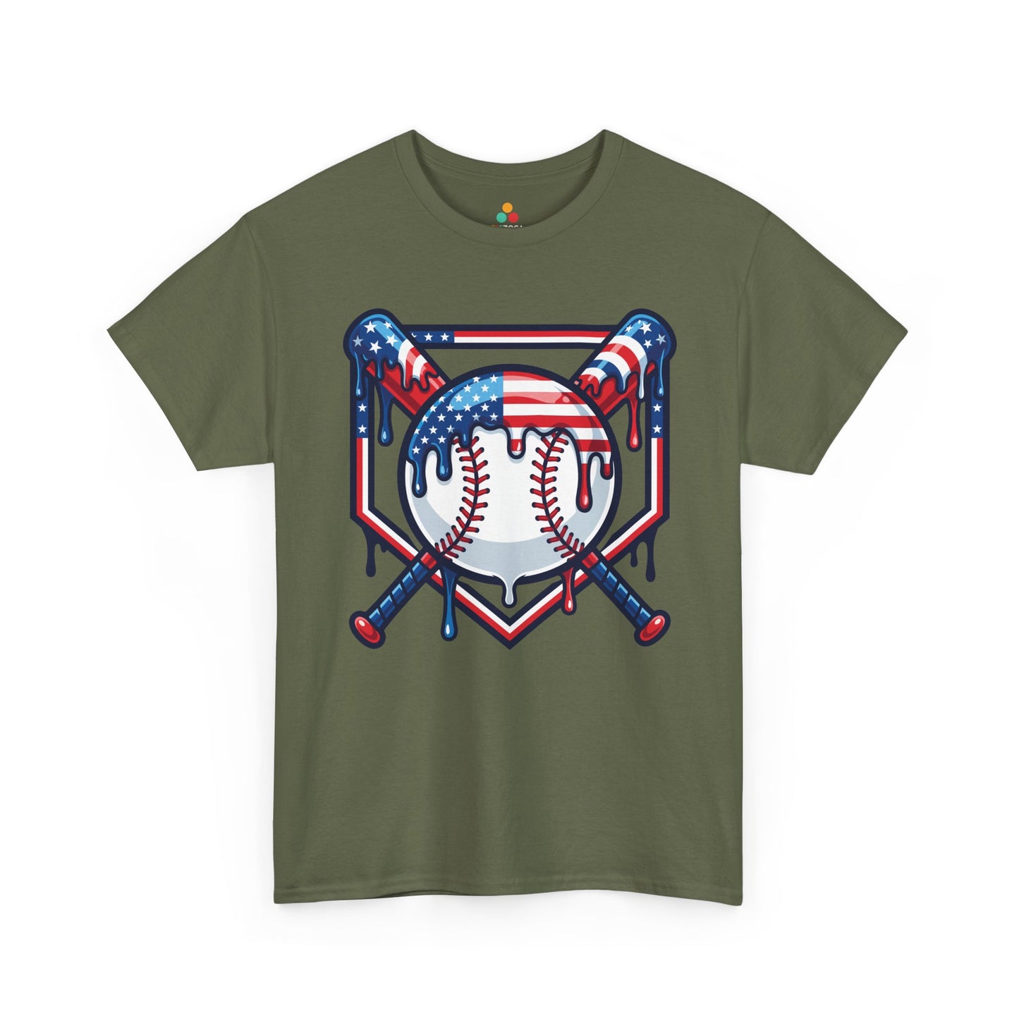 TEEZOCA 4th of July T-shirt showing a baseball with American flag stars and stripes inside a crossed-bat emblem.

