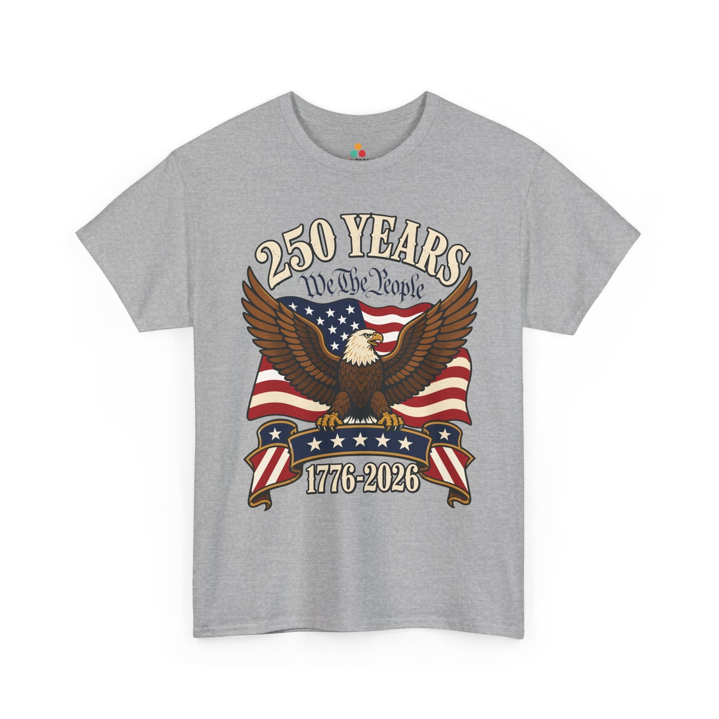 TEEZOCA 4th of July T-shirt showing a fierce eagle, waving flag, stars, ribbons, and 1776-2026 patriotic artwork.
