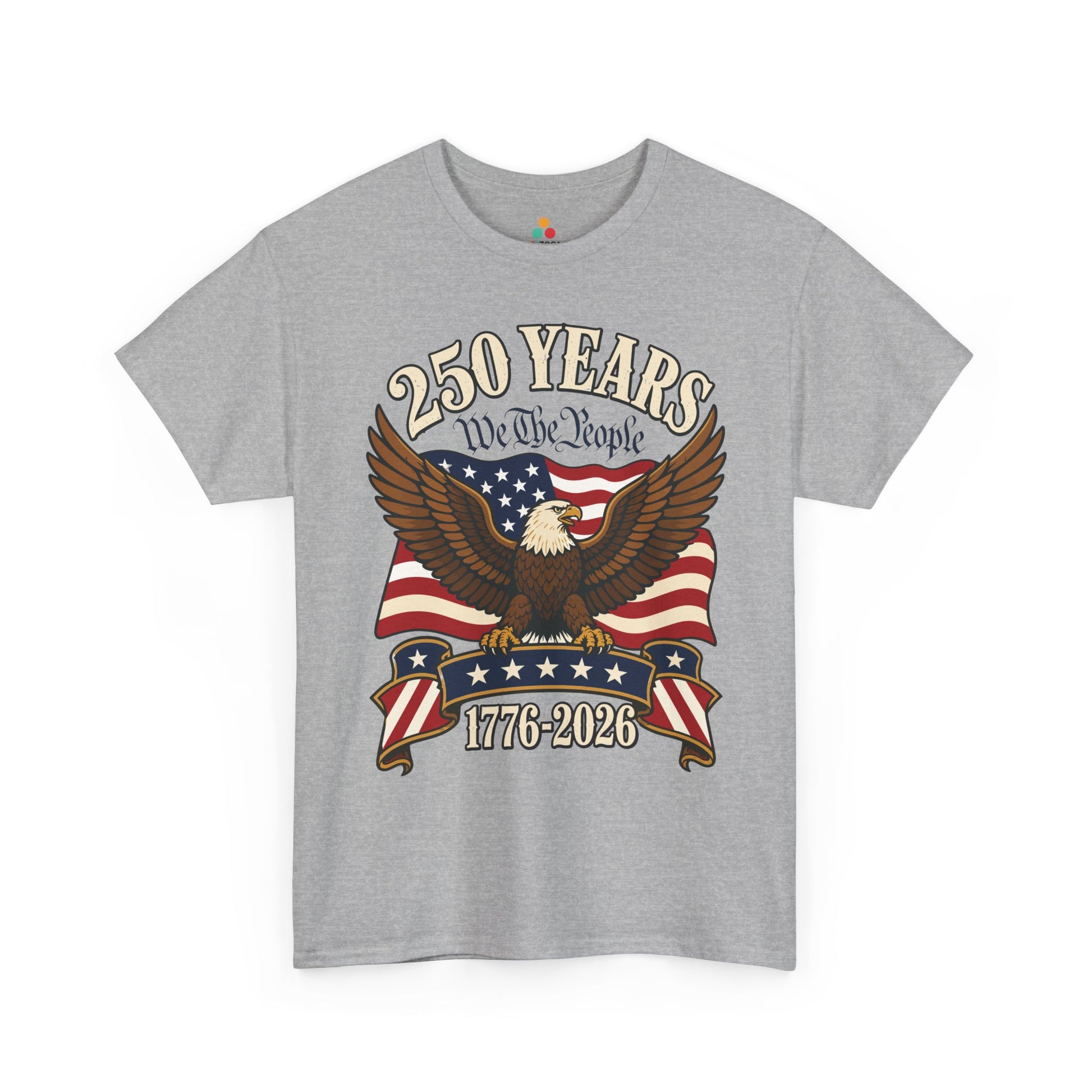 TEEZOCA 4th of July T-shirt showing a fierce eagle, waving flag, stars, ribbons, and 1776-2026 patriotic artwork.
