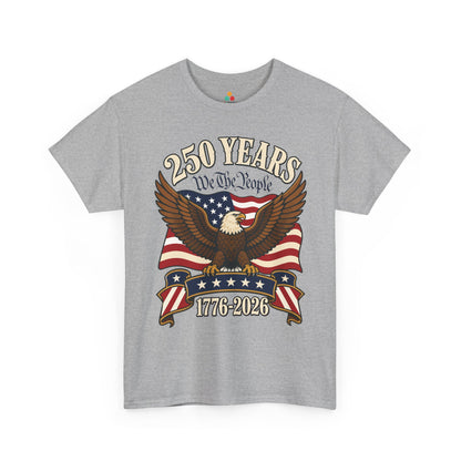TEEZOCA 4th of July T-shirt showing a fierce eagle, waving flag, stars, ribbons, and 1776-2026 patriotic artwork.
