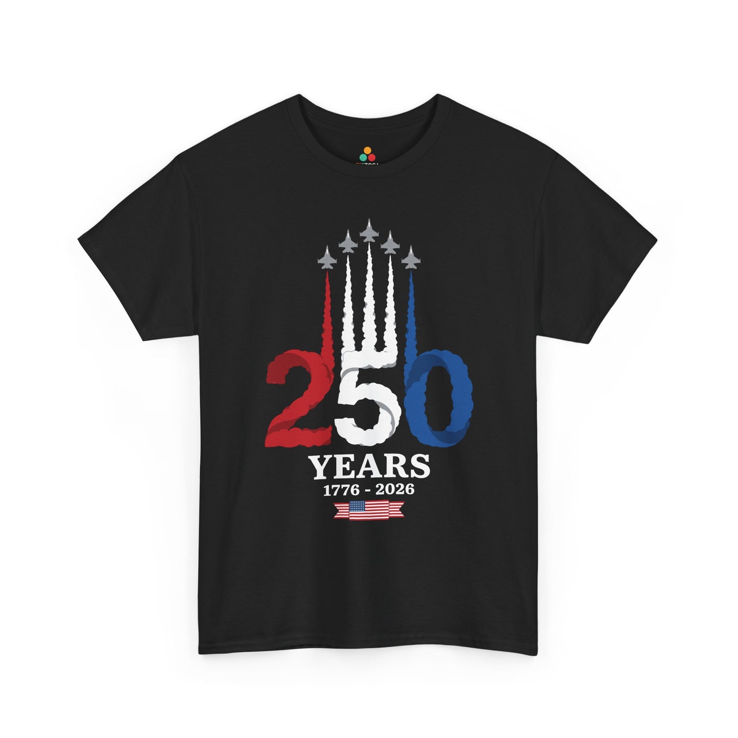 TEEZOCA 4th of July T-shirt showing five jets over a bold 250 smoke design with American flag ribbon detail.
