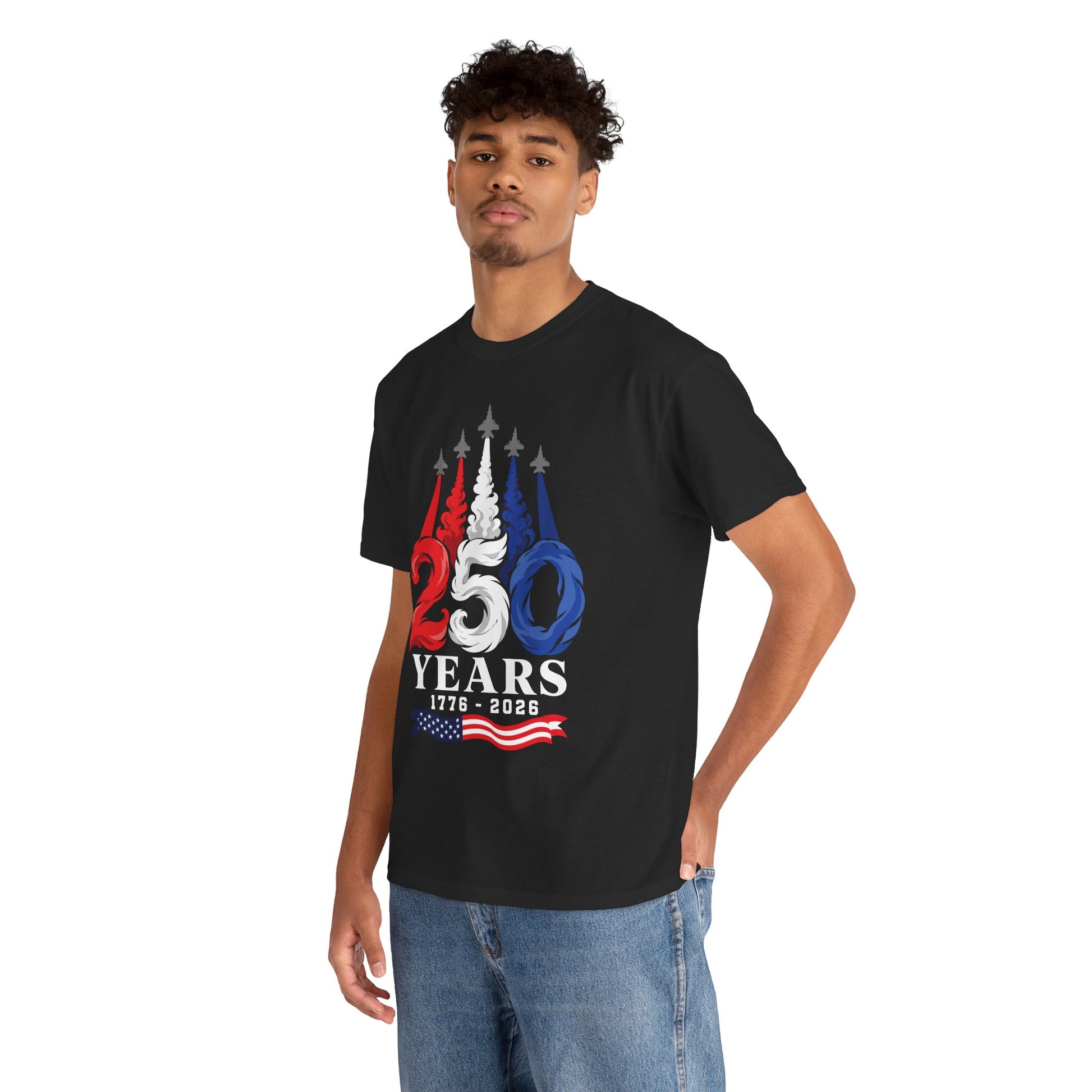 TEEZOCA 4th of July T-shirt showing military aviation jets with red, white, and blue smoke trails.
