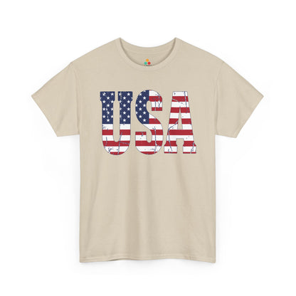 TEEZOCA 4th of July T-shirt with USA block letter artwork, stars, stripes, and classic Independence Day style.
