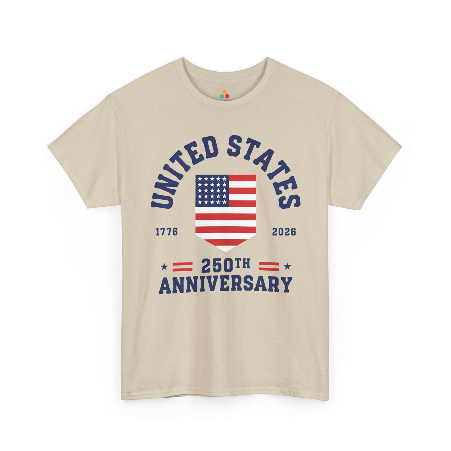 TEEZOCA 4th of July T-shirt with United States text, stars, stripes, and 1776-2026 anniversary artwork.
