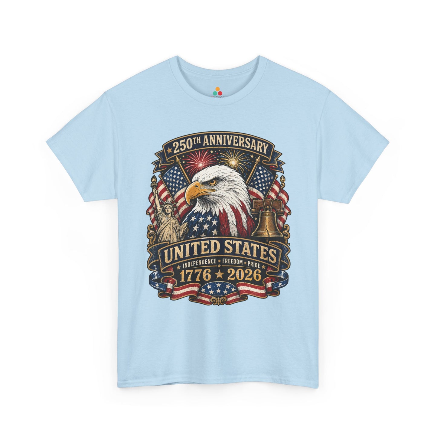 TEEZOCA 4th of July T-shirt with a patriotic eagle shirt design, red white and blue flags, fireworks, and vintage Americana details.
