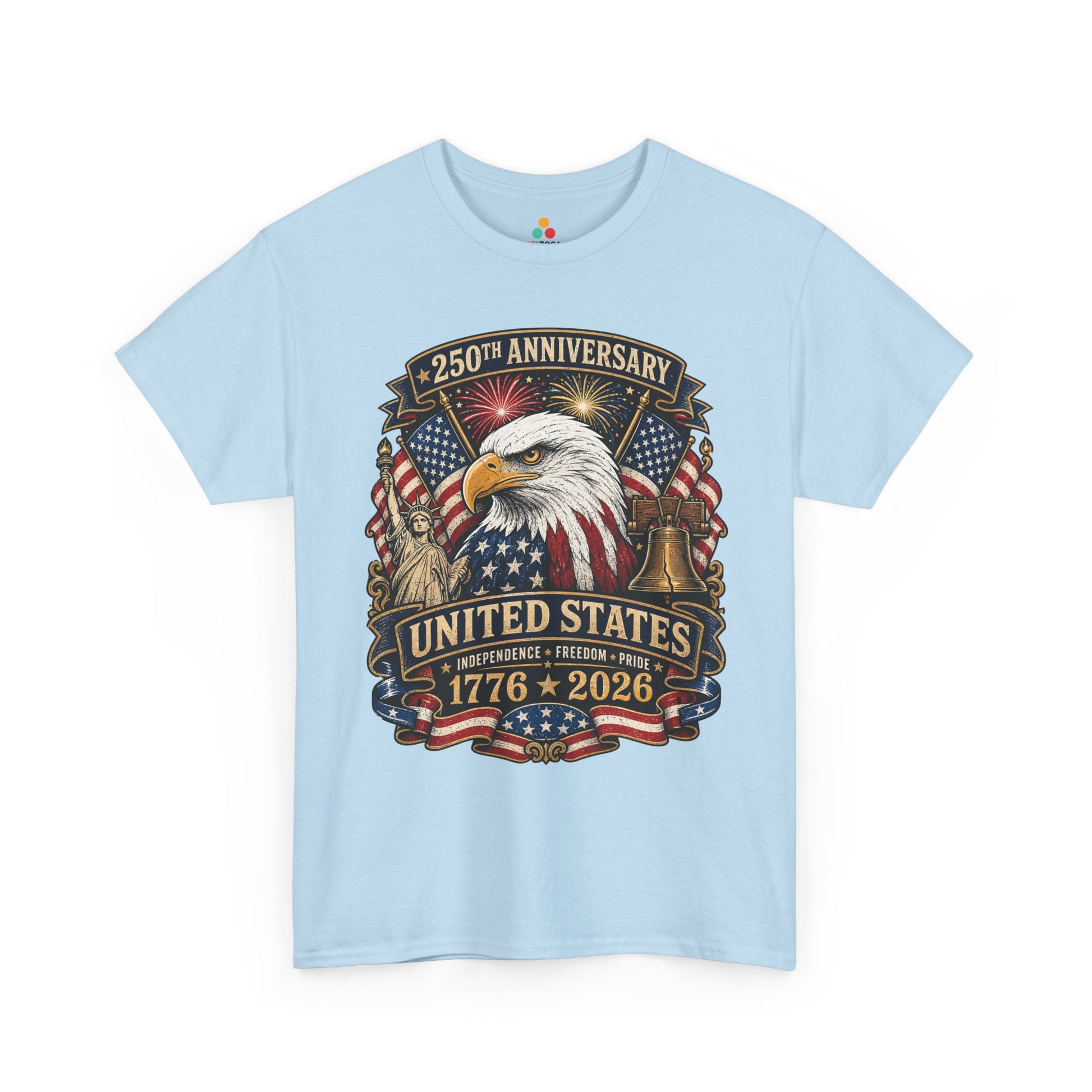 TEEZOCA 4th of July T-shirt with a patriotic eagle shirt design, red white and blue flags, fireworks, and vintage Americana details.
