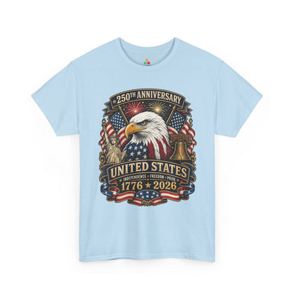 TEEZOCA 4th of July T-shirt with a patriotic eagle shirt design, red white and blue flags, fireworks, and vintage Americana details.
