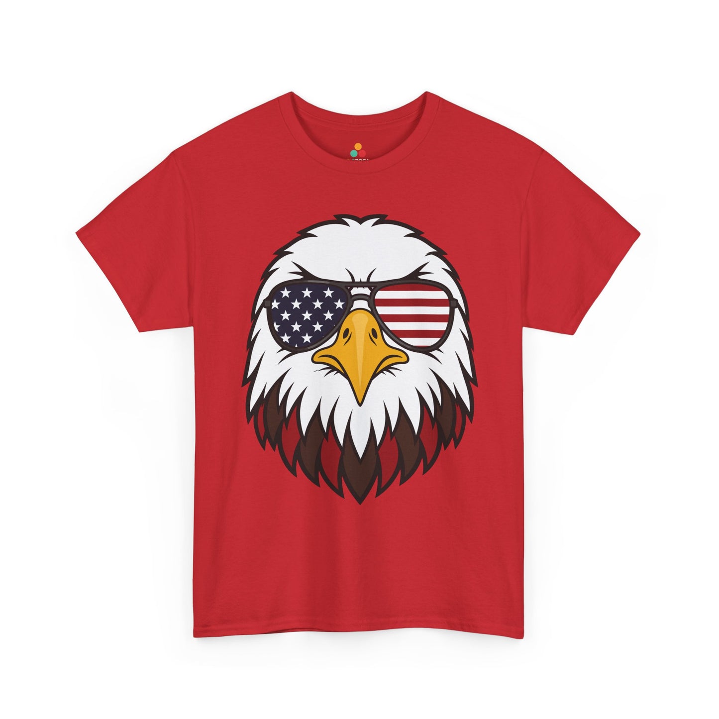 TEEZOCA 4th of July T-shirt with american flag and eagle shirt artwork, aviator shades, stars, stripes, and fierce eagle face.
