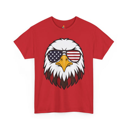TEEZOCA 4th of July T-shirt with american flag and eagle shirt artwork, aviator shades, stars, stripes, and fierce eagle face.
